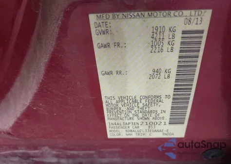 2014 Nissan Altima 2.5 Sv из США, поврежденный, VIN 1N4AL3AP3EN210021